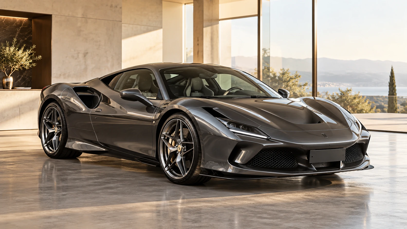 Graphitfarbener Ferrari in einem hellen Showroom – KI-Visualisierung ohne lesbares Kennzeichen