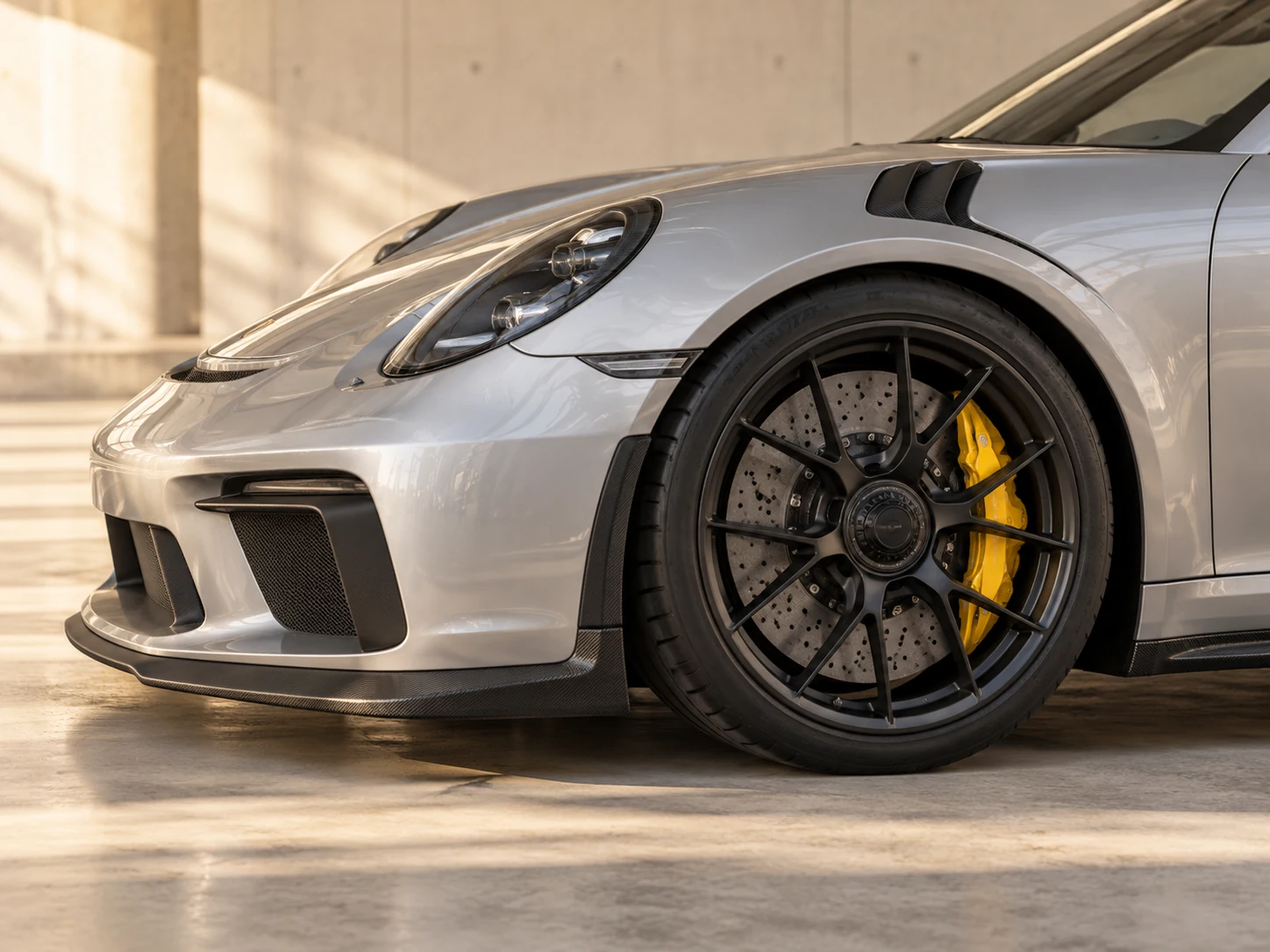 Frontpartie und Rad eines silbernen Porsche in einem hellen Studio – KI-Visualisierung